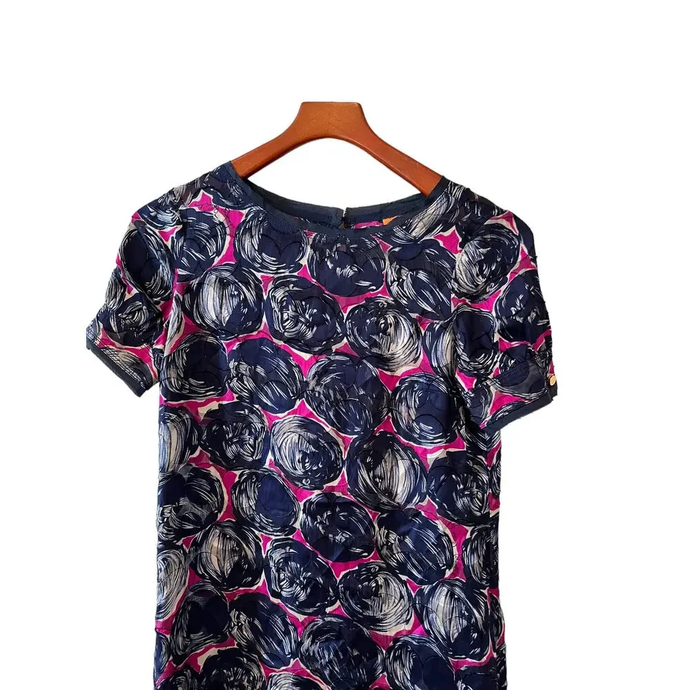 Tory Burch Mod 60s Silk Jacquard Print Shift Dress Blue Magenta 0